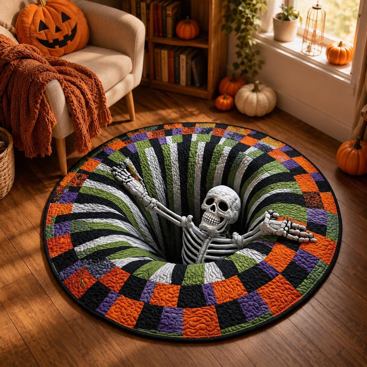 3D Skeleton Halloween Round Rug