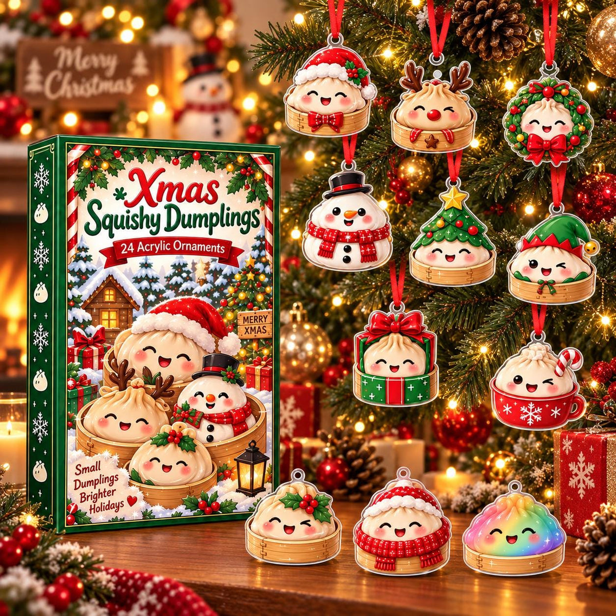 Dumpling Christmas Advent Calendar 2026, 24 Cute Acrylic Dumpling Ornaments