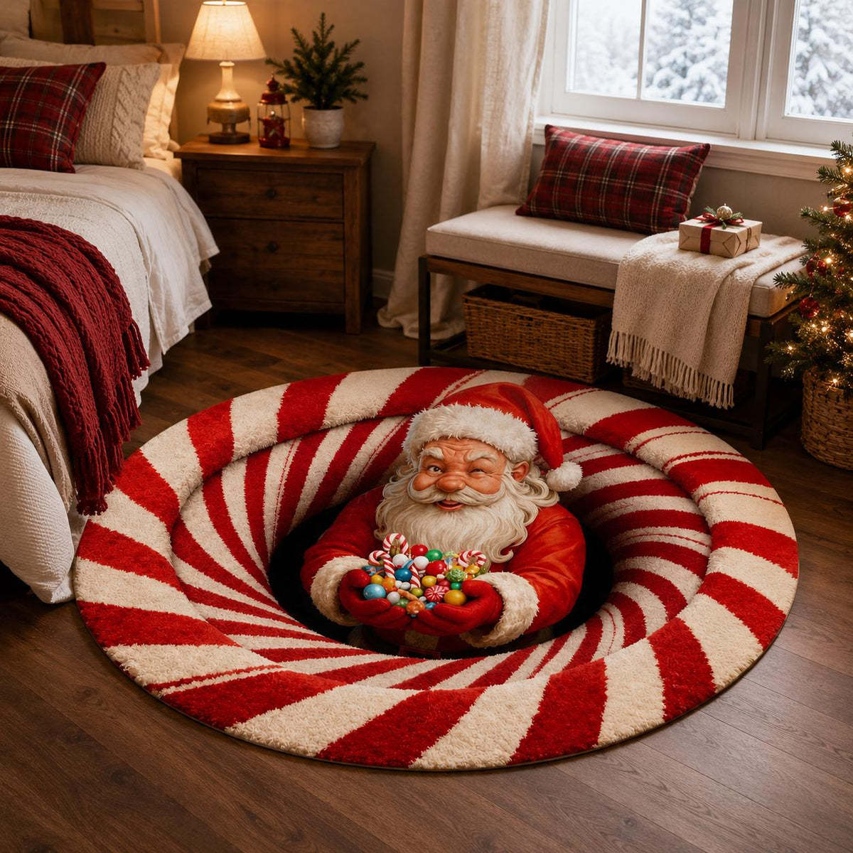 3D Santa Candy Cane Christmas Round Rug