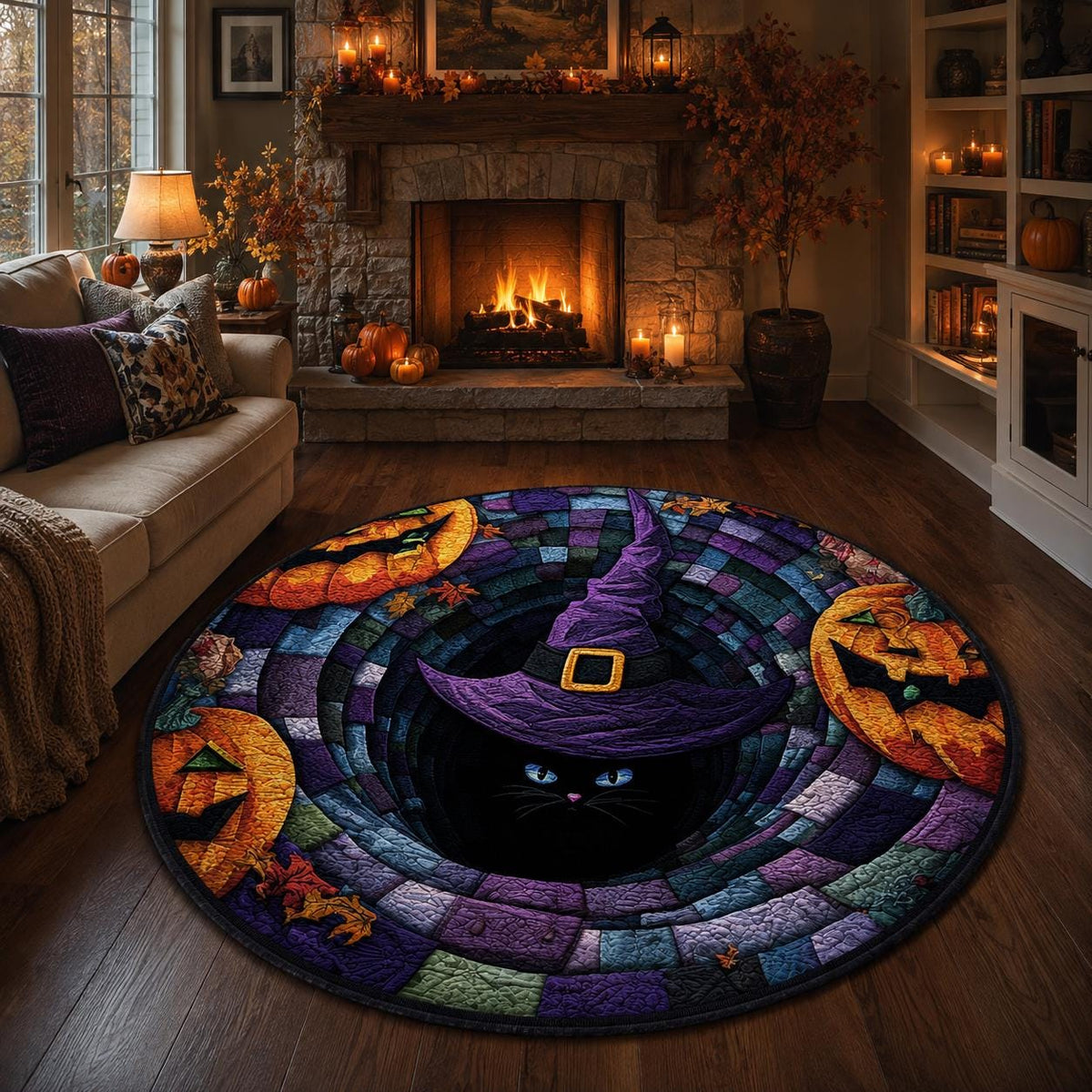 3D Black Cat Witch Halloween Round Rug