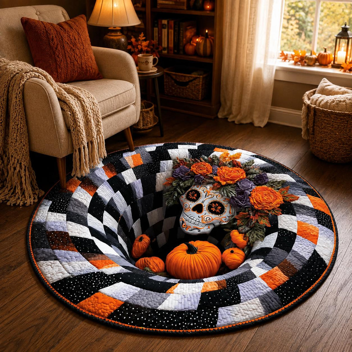 3D Sugar Skull Halloween Rug, Round Floral Skull Optical Illusion Rug