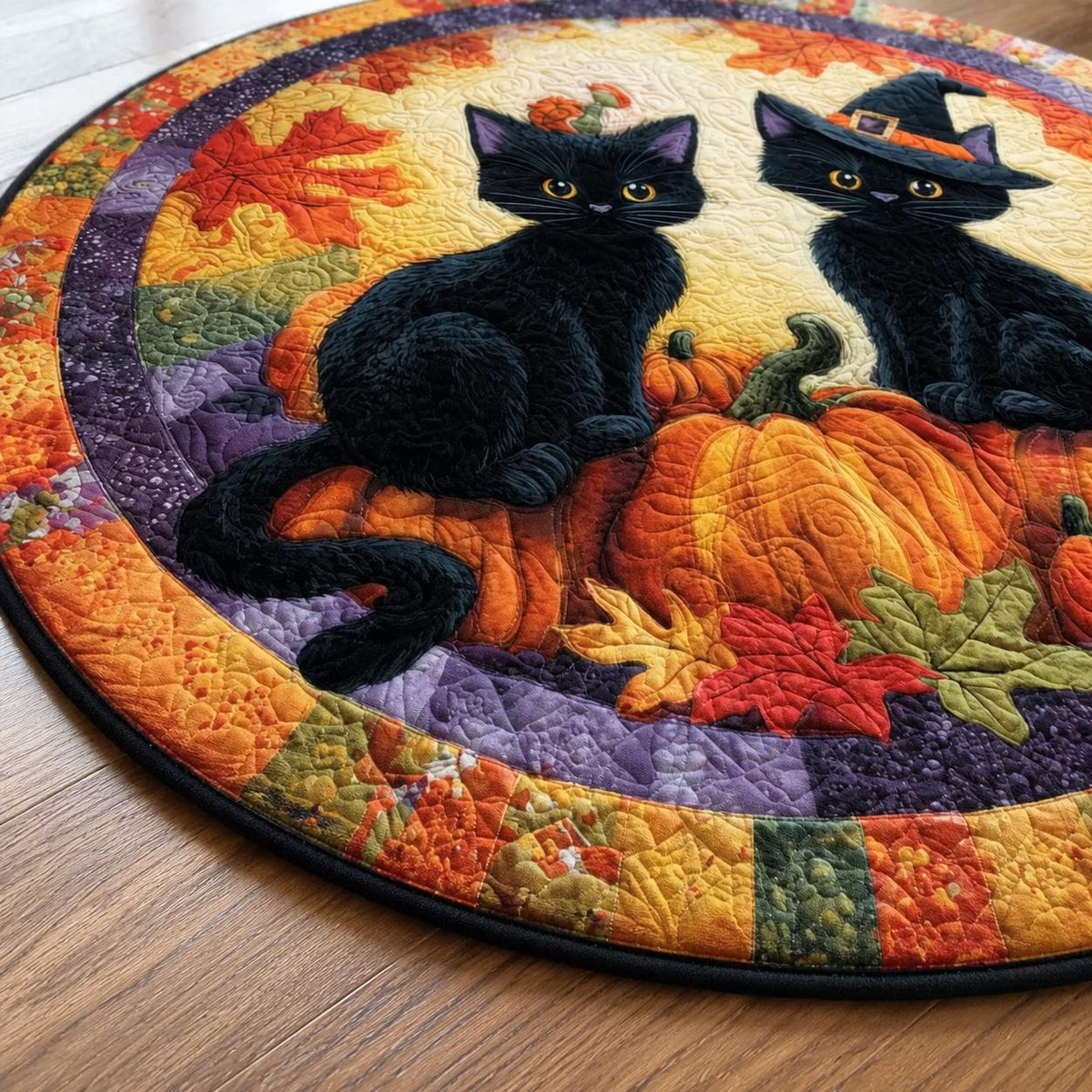 Black Cat Witch Halloween Round Rug
