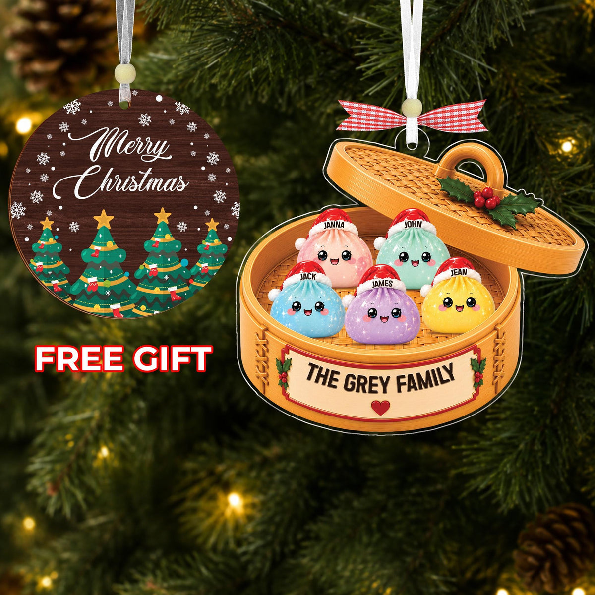 Personalized Glitter Dumpling Ornament,Dim Sum Acrylic Family Ornament