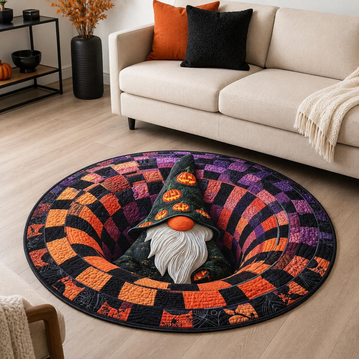3D Halloween Gnome Rug, Round Pumpkin Witch Optical Illusion Rug
