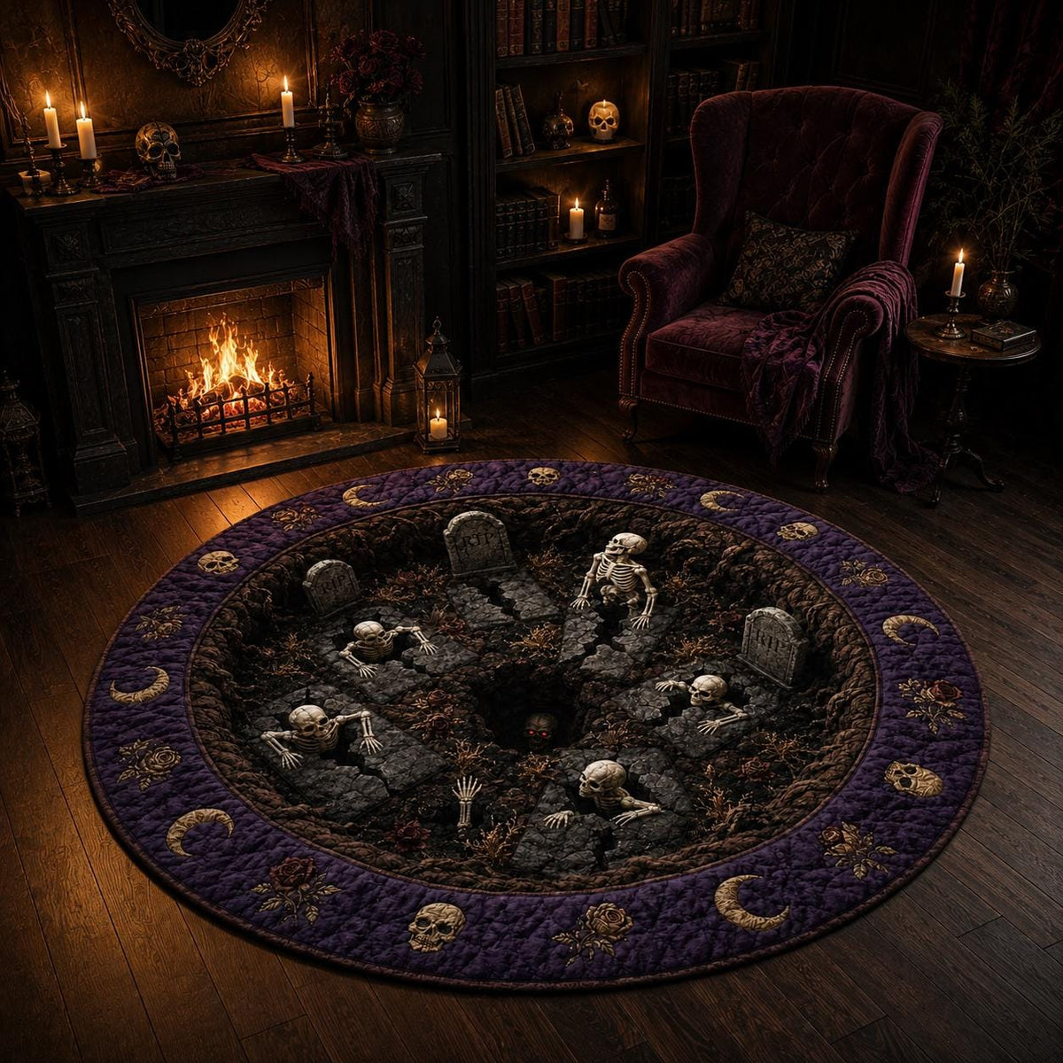 3D Skeleton Graveyard Halloween Round Rug