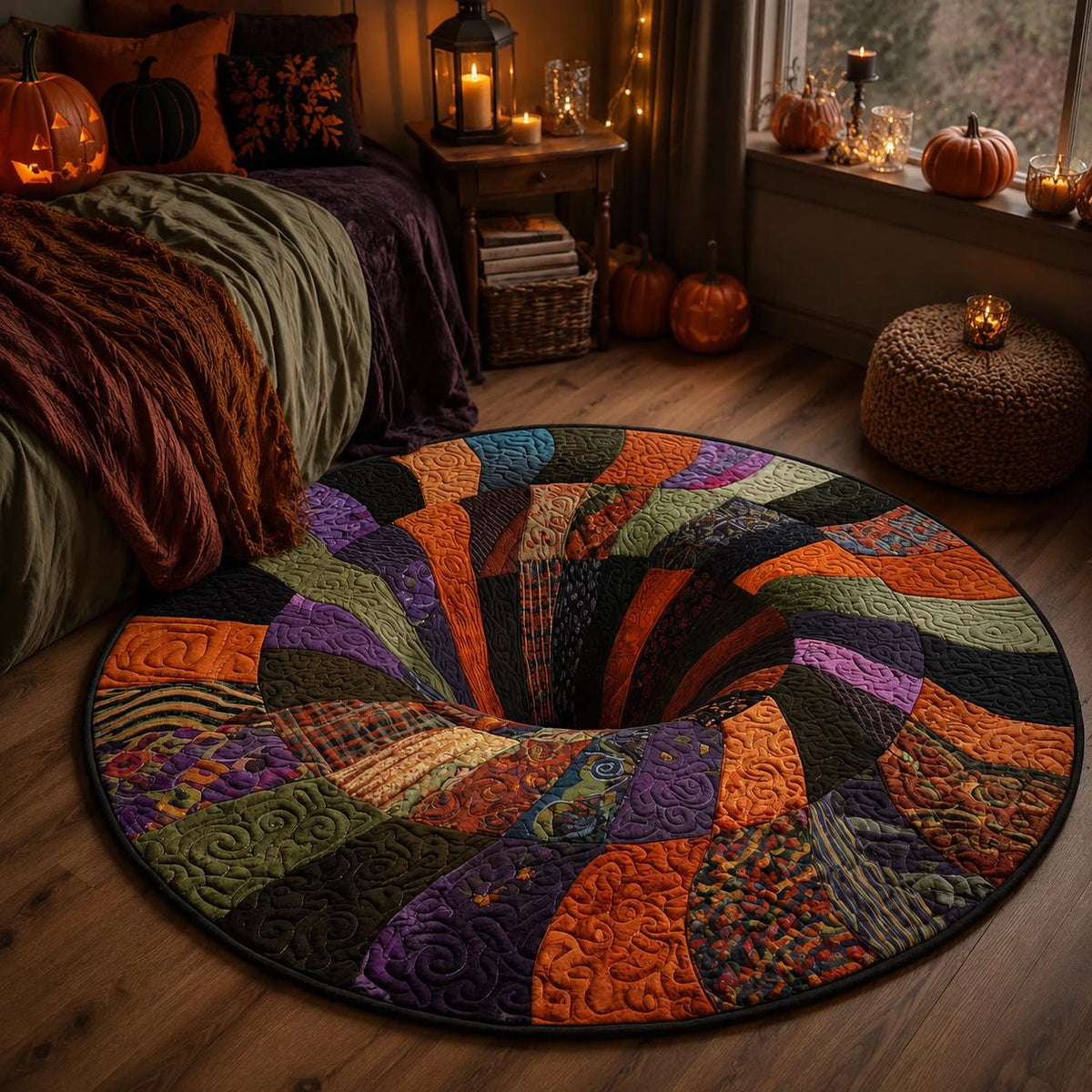3D Patchwork Spiral Halloween Round Rug