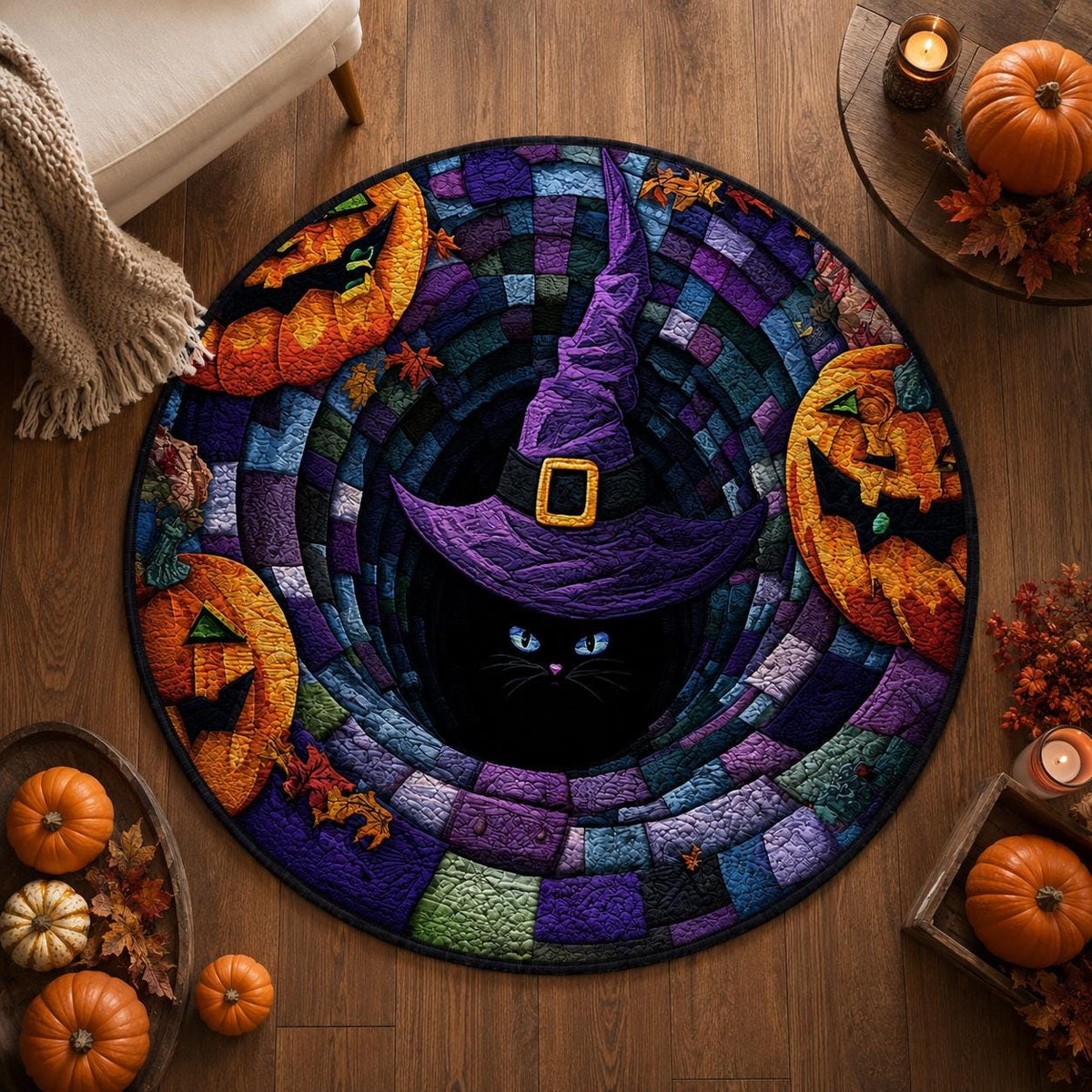 3D Black Cat Witch Halloween Round Rug