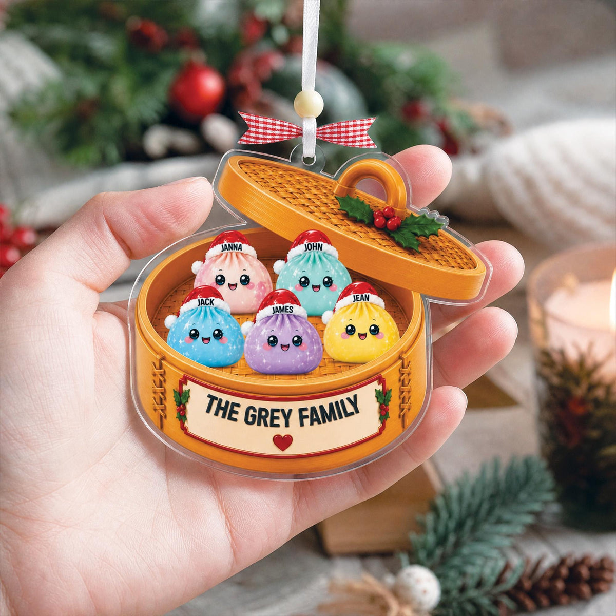 Personalized Glitter Dumpling Ornament,Dim Sum Acrylic Family Ornament