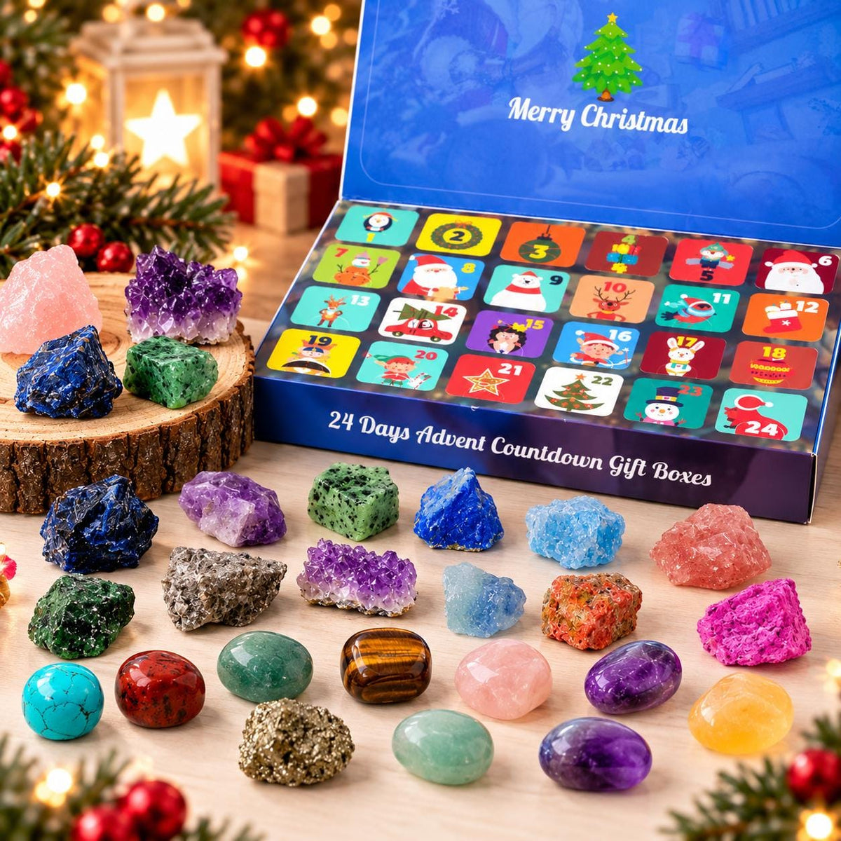 24-Day Crystal Advent Calendar, Natural Gemstone Christmas Countdown Gift
