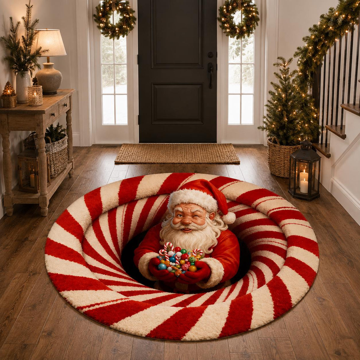 3D Santa Candy Cane Christmas Round Rug