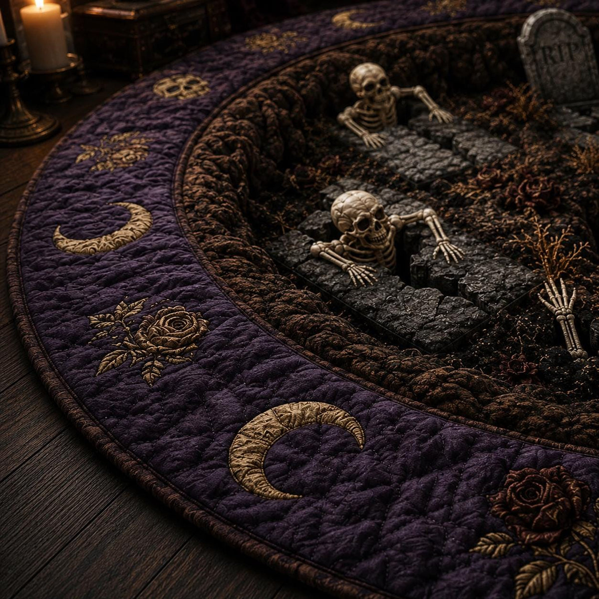 3D Skeleton Graveyard Halloween Round Rug