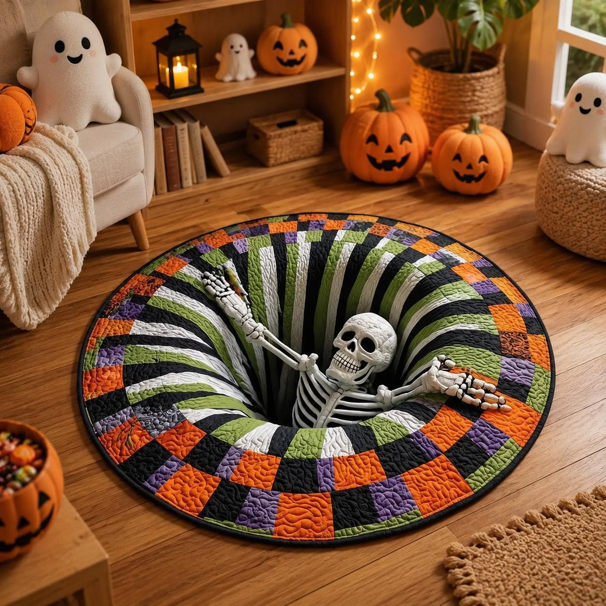 3D Skeleton Halloween Round Rug