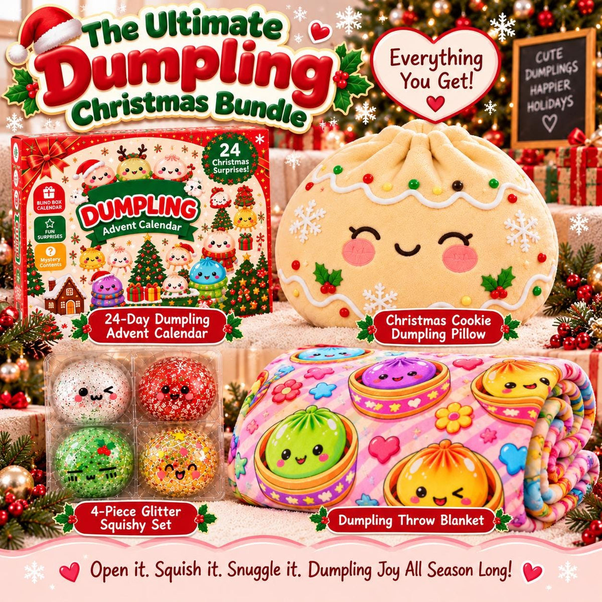 Dumpling Christmas Gift Set, 24 Day Squishy Advent Calendar, Cozy Blanket & Plush Dumpling Pillow, Cute Holiday Gift for Kids