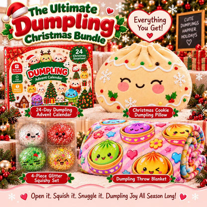 Dumpling Christmas Gift Set, 24 Day Squishy Advent Calendar, Cozy Blanket & Plush Dumpling Pillow, Cute Holiday Gift for Kids