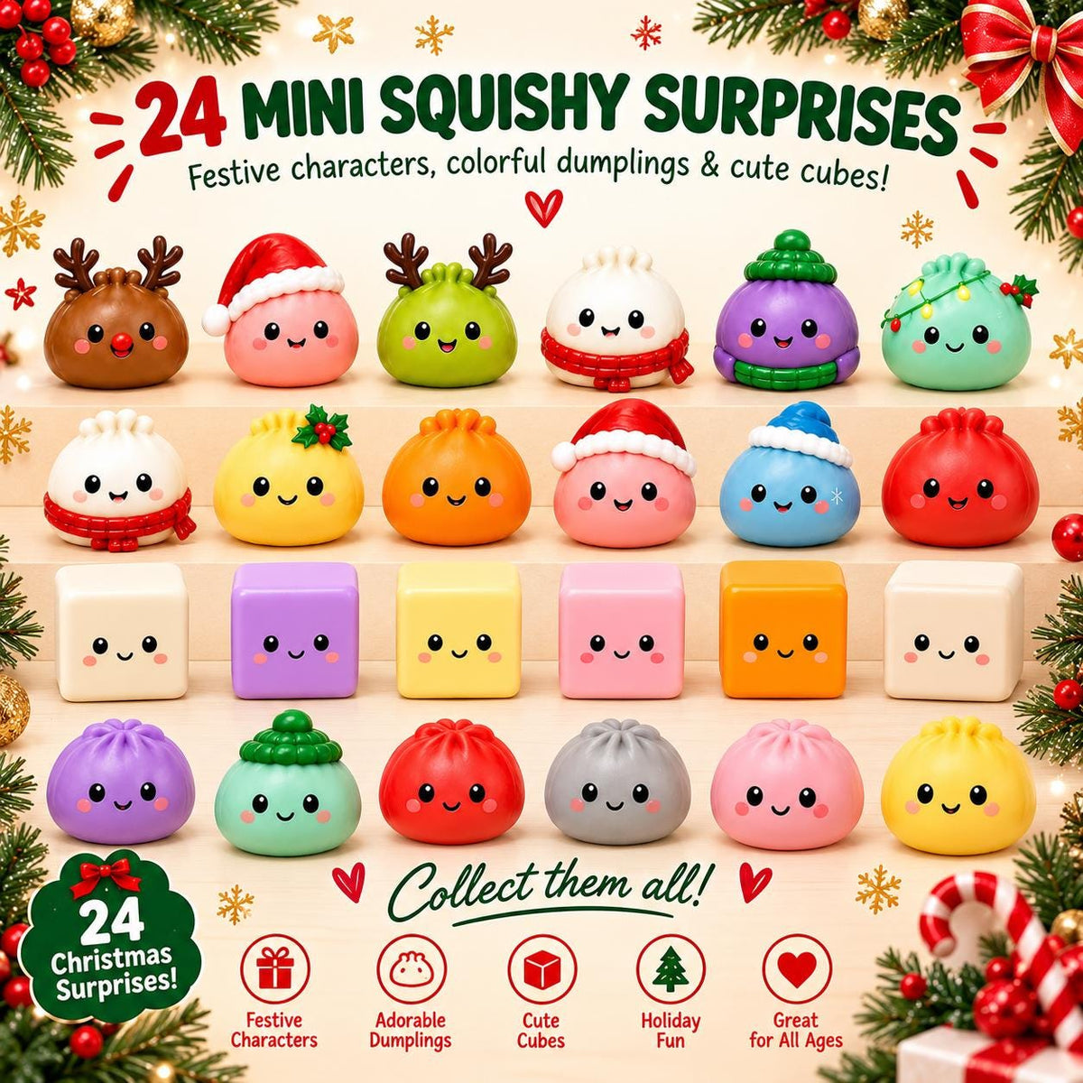 Dumpling Christmas Gift Set, 24 Day Squishy Advent Calendar, Cozy Blanket & Plush Dumpling Pillow, Cute Holiday Gift for Kids