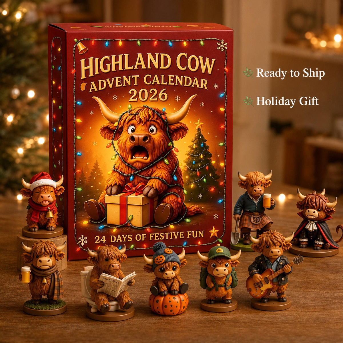 Highland Cow Advent Calendar 2026, 24-Day Christmas Countdown with Mini Cow Figures
