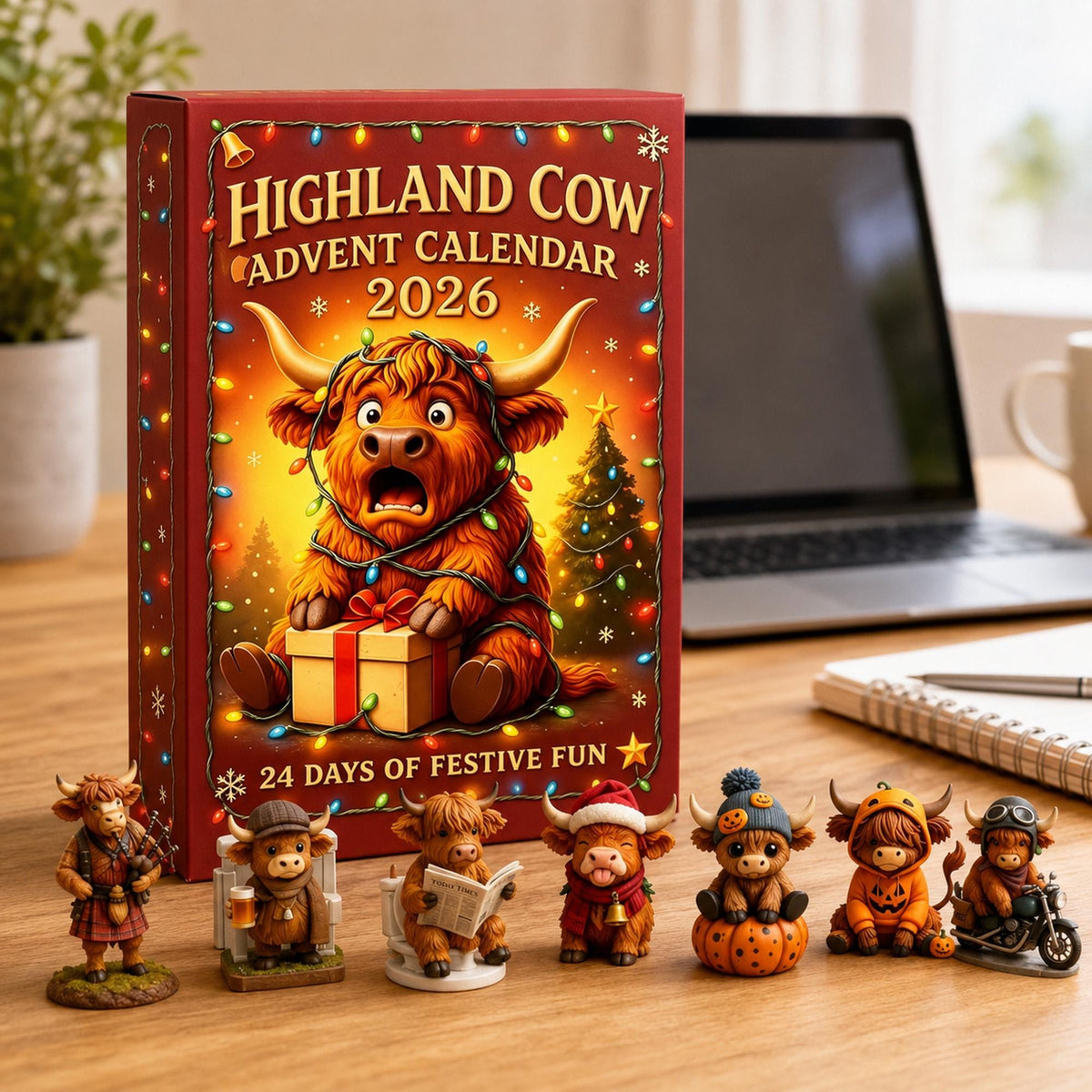 Highland Cow Advent Calendar 2026, 24-Day Christmas Countdown with Mini Cow Figures