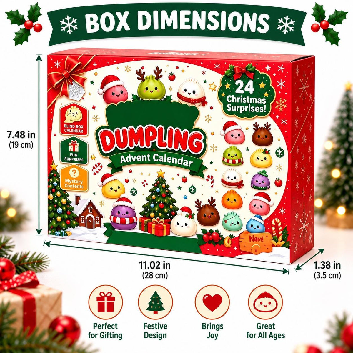 Dumpling Christmas Gift Set, 24 Day Squishy Advent Calendar, Cozy Blanket & Plush Dumpling Pillow, Cute Holiday Gift for Kids