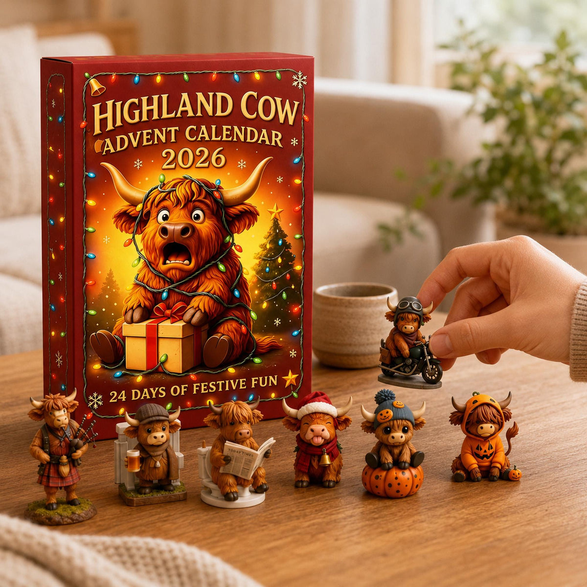 Highland Cow Advent Calendar 2026, 24-Day Christmas Countdown with Mini Cow Figures