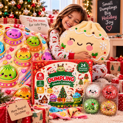Dumpling Christmas Gift Set, 24 Day Squishy Advent Calendar, Cozy Blanket & Plush Dumpling Pillow, Cute Holiday Gift for Kids