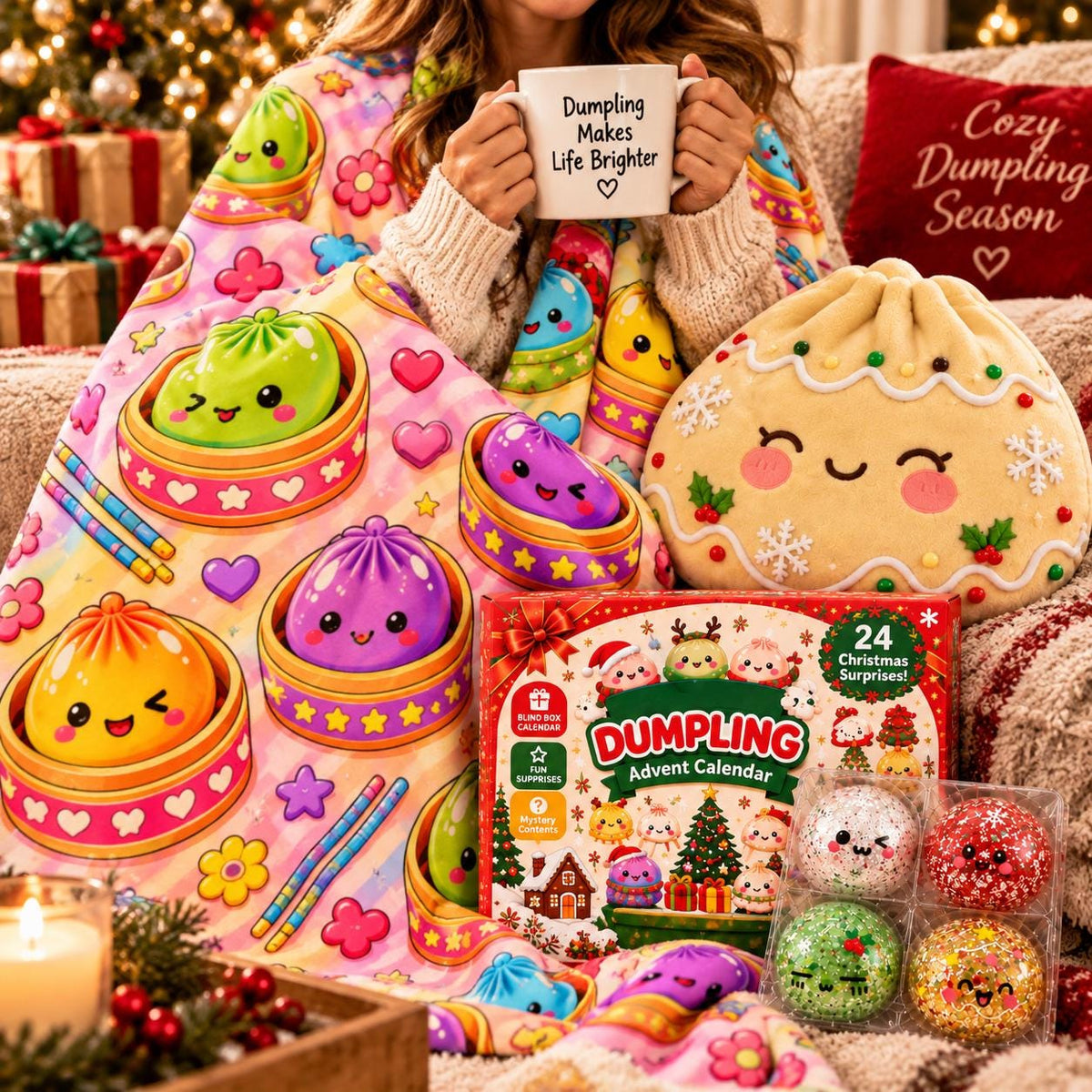 Dumpling Christmas Gift Set, 24 Day Squishy Advent Calendar, Cozy Blanket & Plush Dumpling Pillow, Cute Holiday Gift for Kids