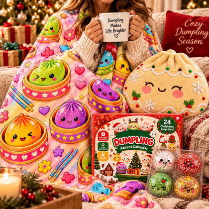 Dumpling Christmas Gift Set, 24 Day Squishy Advent Calendar, Cozy Blanket & Plush Dumpling Pillow, Cute Holiday Gift for Kids