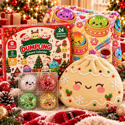Dumpling Christmas Gift Set, 24 Day Squishy Advent Calendar, Cozy Blanket & Plush Dumpling Pillow, Cute Holiday Gift for Kids