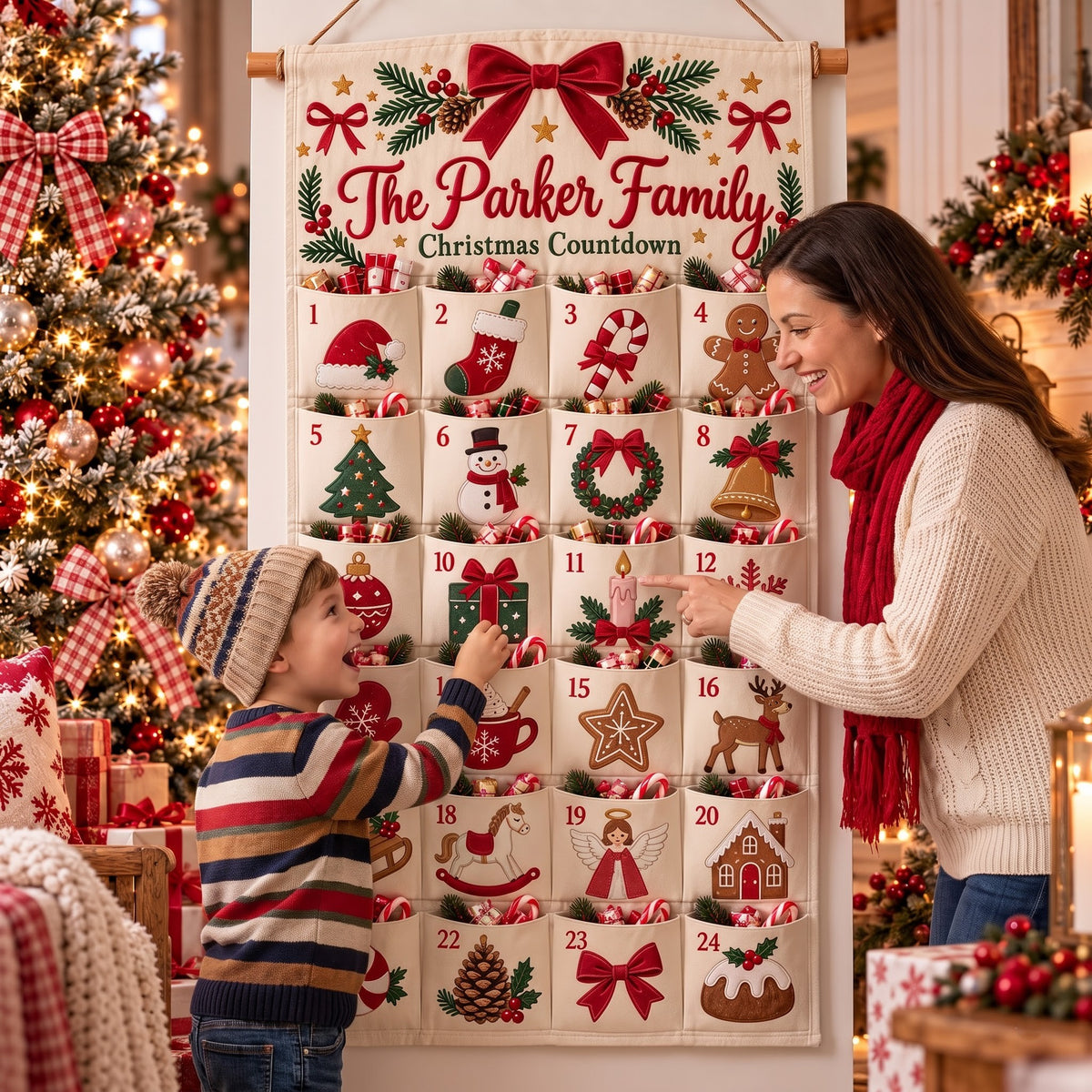 Custom Family Christmas Advent Calendar – 24 Fillable Pockets