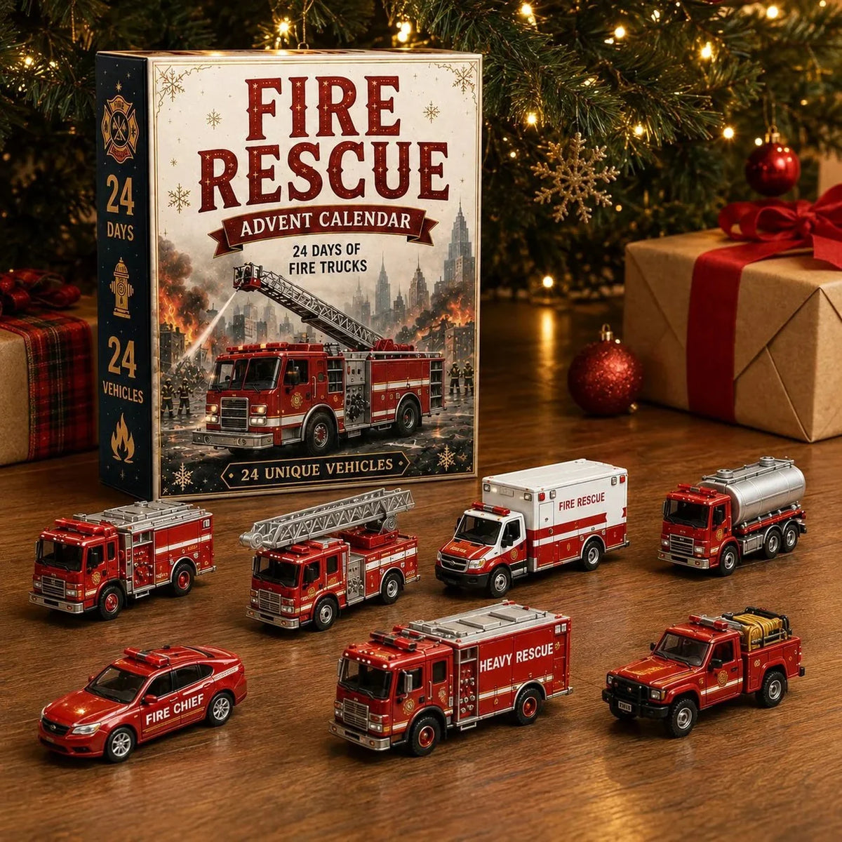 Fire Truck Advent Calendar 2026, 24 Days Fire Rescue Vehicles, Mini Fire Engine Collectibles