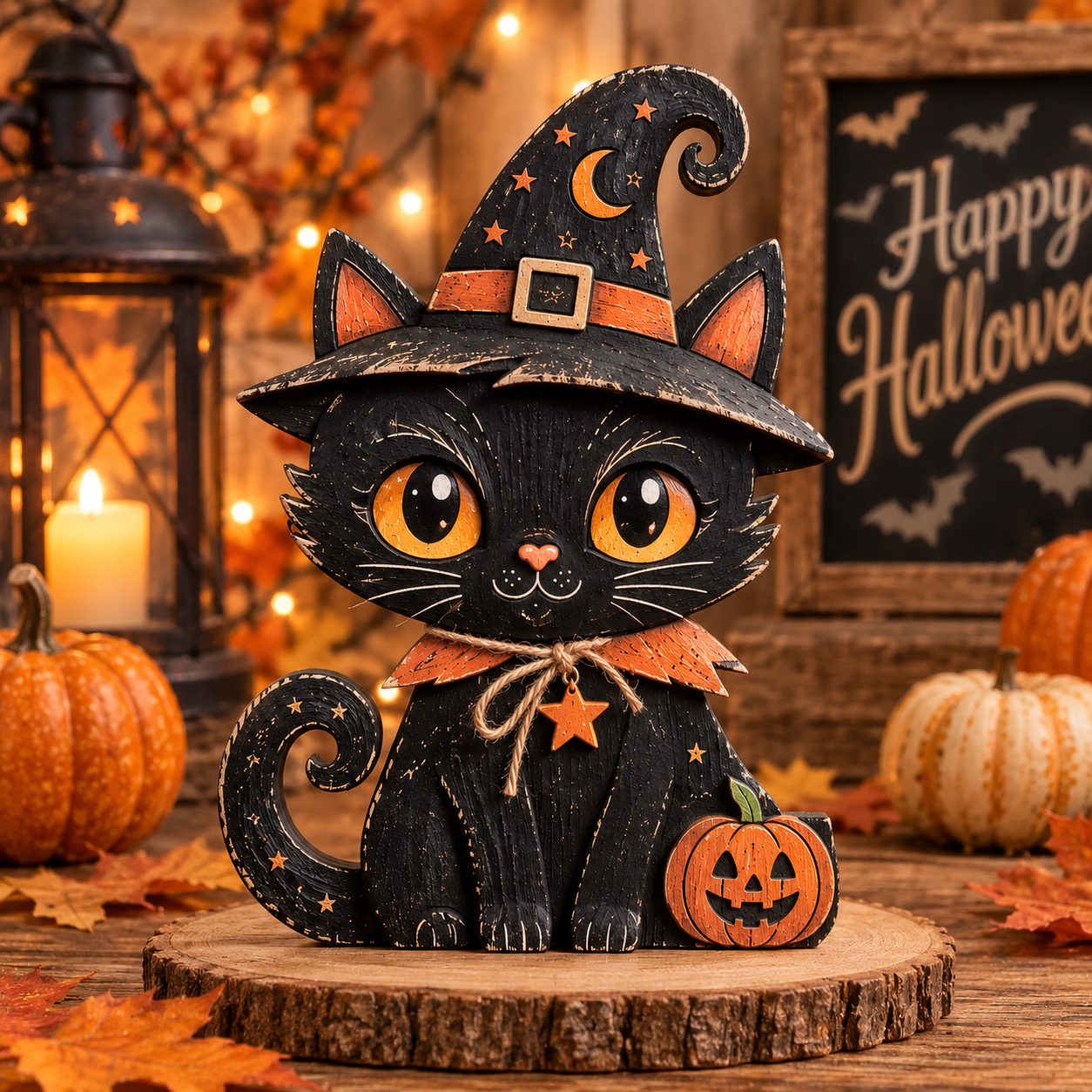 Black Cat Wooden Block, 3 Layer Halloween Shelf Decor with Free Wooden Star Necklace, Rustic Fall Decor