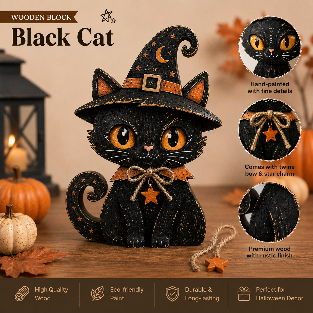 Black Cat Wooden Block, 3 Layer Halloween Shelf Decor with Free Wooden Star Necklace, Rustic Fall Decor