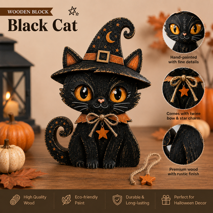 Black Cat Halloween Wooden Block
