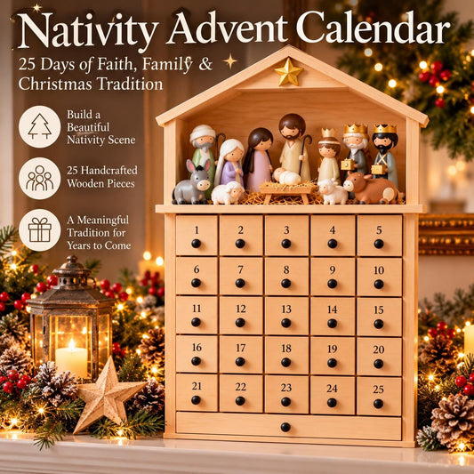 Wooden Nativity Advent Calendar, 25 Day Christmas Countdown with Figurines, Reusable Christian Advent Calendar