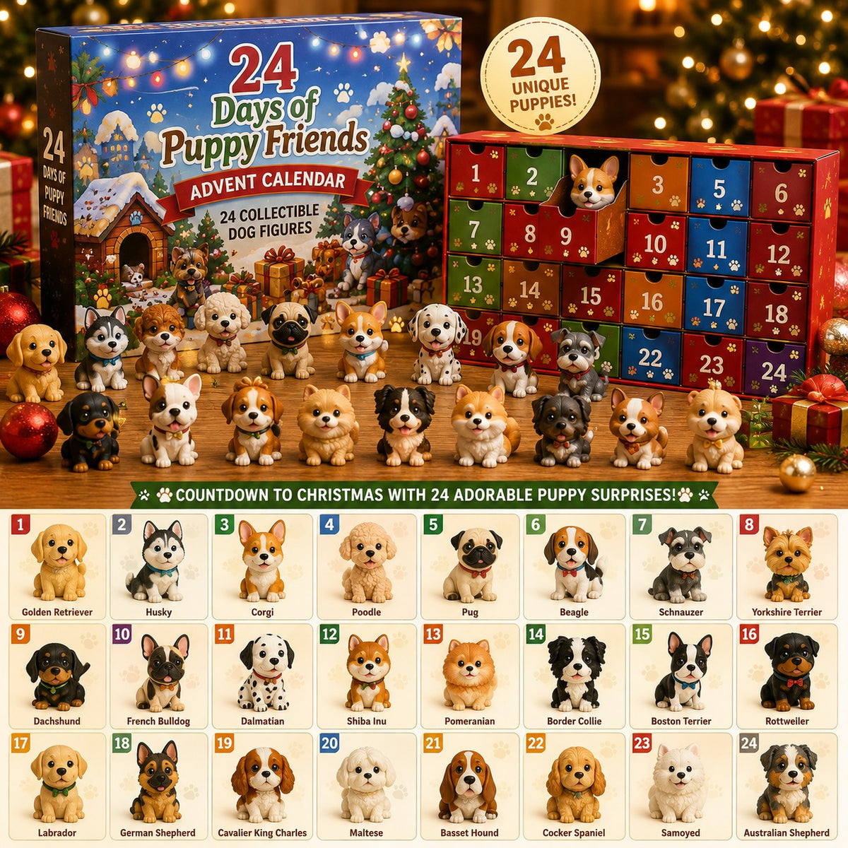 Dog Advent Calendar 2026, 24 Day Christmas Countdown with Mini Puppy Figures
