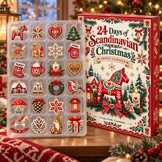 Scandinavian Christmas Advent Calendar, 24 Nordic Folk Ornaments, Swedish Holiday Decor