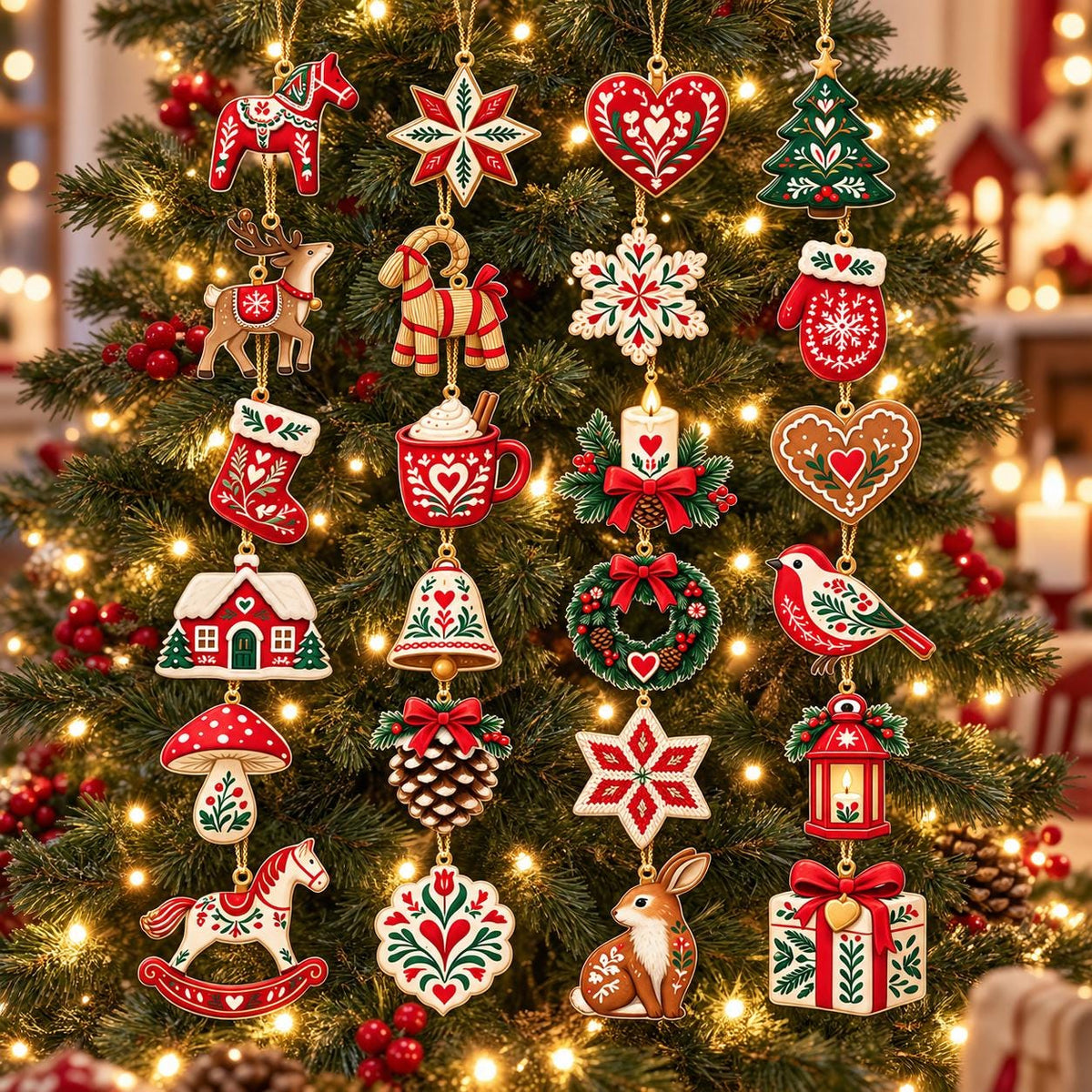 Scandinavian Christmas Advent Calendar, 24 Nordic Folk Ornaments, Swedish Holiday Decor