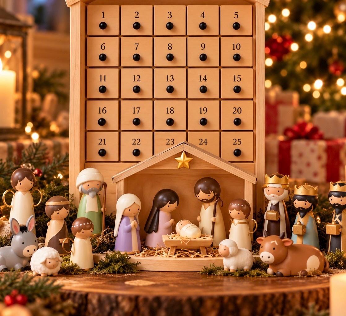 Wooden Nativity Advent Calendar, 25 Day Christmas Countdown with Figurines, Reusable Christian Advent Calendar