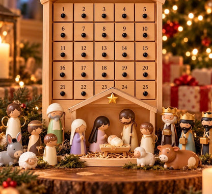 Wooden Nativity Advent Calendar, 25 Day Christmas Countdown with Figurines, Reusable Christian Advent Calendar