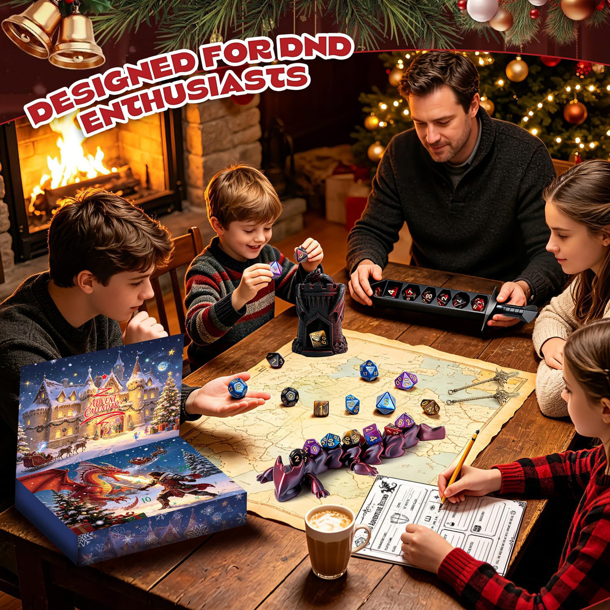Advent Calendar 2026 DND Dice Set with 3D Printed Dargon, Dice Tower, Sword