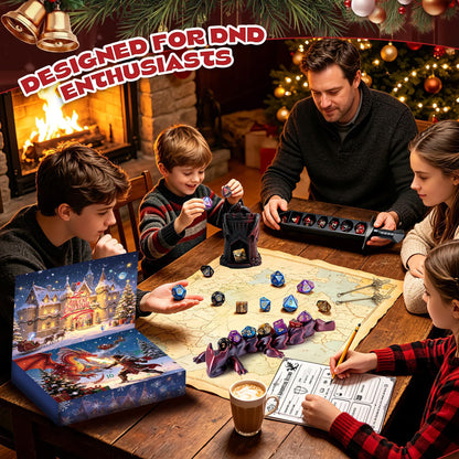 Advent Calendar 2026 DND Dice Set with 3D Printed Dargon, Dice Tower, Sword