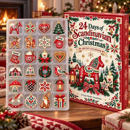 Scandinavian Christmas Advent Calendar, 24 Nordic Folk Ornaments, Swedish Holiday Decor