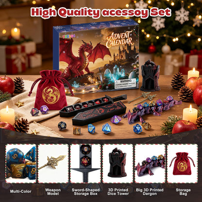 Advent Calendar 2026 DND Dice Set with 3D Printed Dargon, Dice Tower, Sword