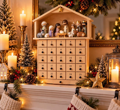 Wooden Nativity Advent Calendar, 25 Day Christmas Countdown with Figurines, Reusable Christian Advent Calendar