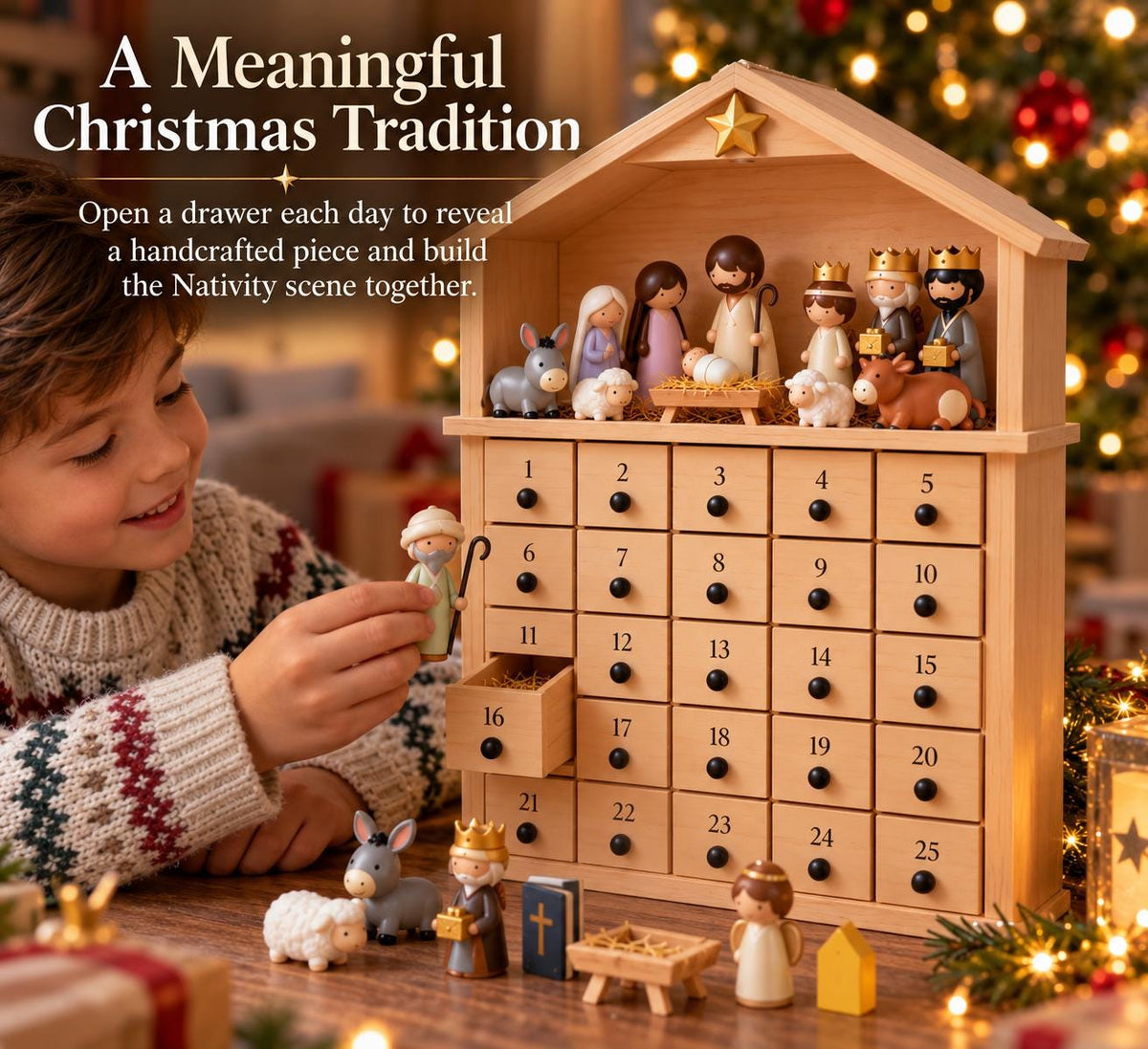 Wooden Nativity Advent Calendar, 25 Day Christmas Countdown with Figurines, Reusable Christian Advent Calendar