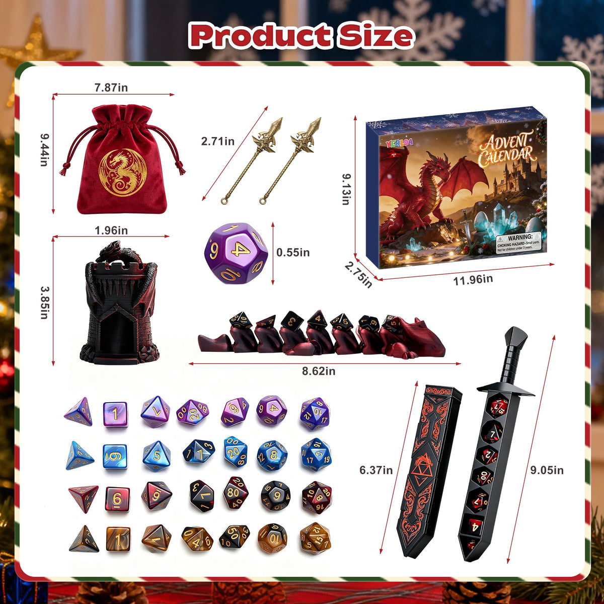 Advent Calendar 2026 DND Dice Set with 3D Printed Dargon, Dice Tower, Sword