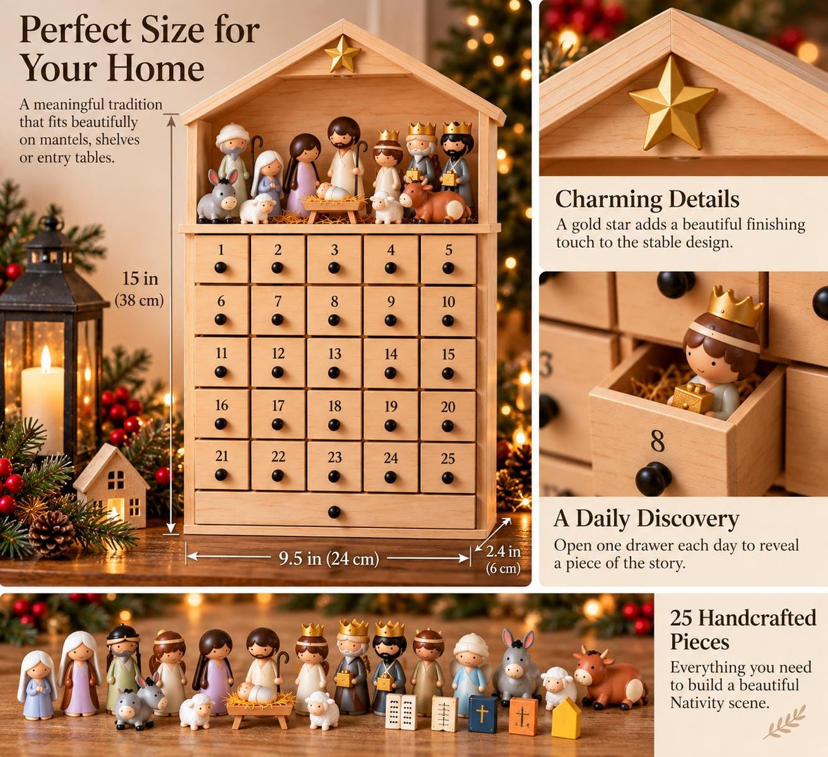 Wooden Nativity Advent Calendar, 25 Day Christmas Countdown with Figurines, Reusable Christian Advent Calendar