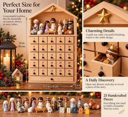 Wooden Nativity Advent Calendar, 25 Day Christmas Countdown with Figurines, Reusable Christian Advent Calendar