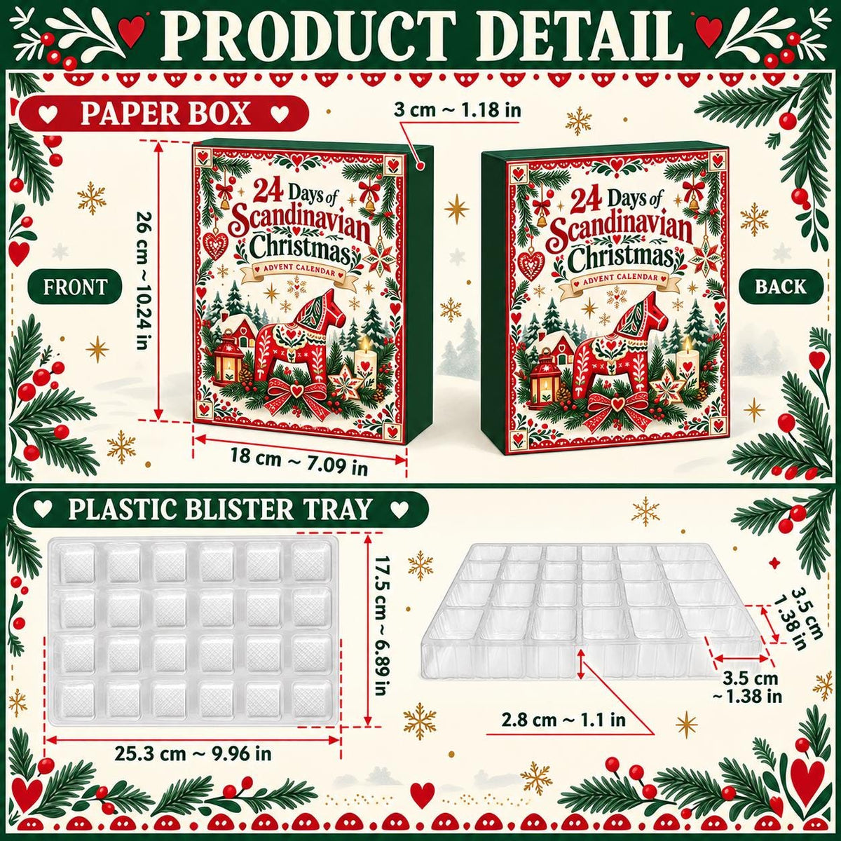 Scandinavian Christmas Advent Calendar, 24 Nordic Folk Ornaments, Swedish Holiday Decor