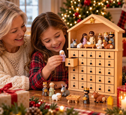 Wooden Nativity Advent Calendar, 25 Day Christmas Countdown with Figurines, Reusable Christian Advent Calendar