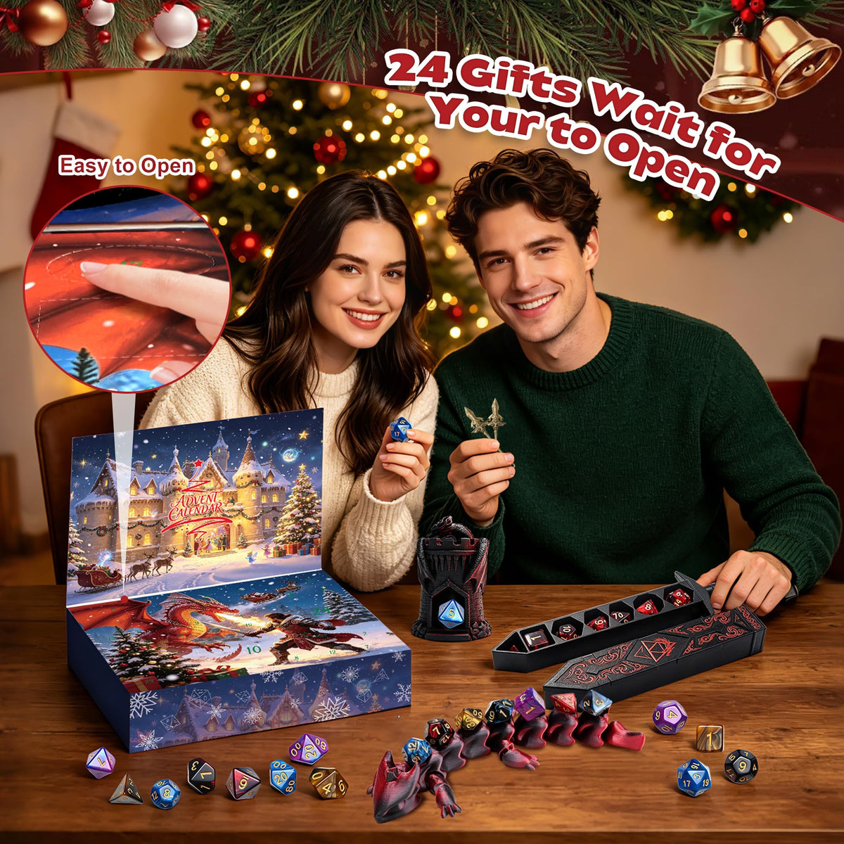 Advent Calendar 2026 DND Dice Set with 3D Printed Dargon, Dice Tower, Sword